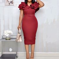Robe de soirée élégante grande taille pour femme, rouge bordeaux, à manches courtes, avec volants, style vintage, sexy, fendue, moulante, longueur midi