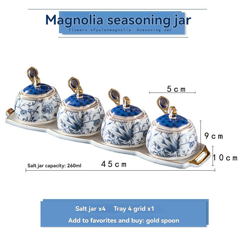 ขวดเครื่องปรุงรสสีฟ้า+ขาว-4 ใบ + ถาด + 4 ช้อน