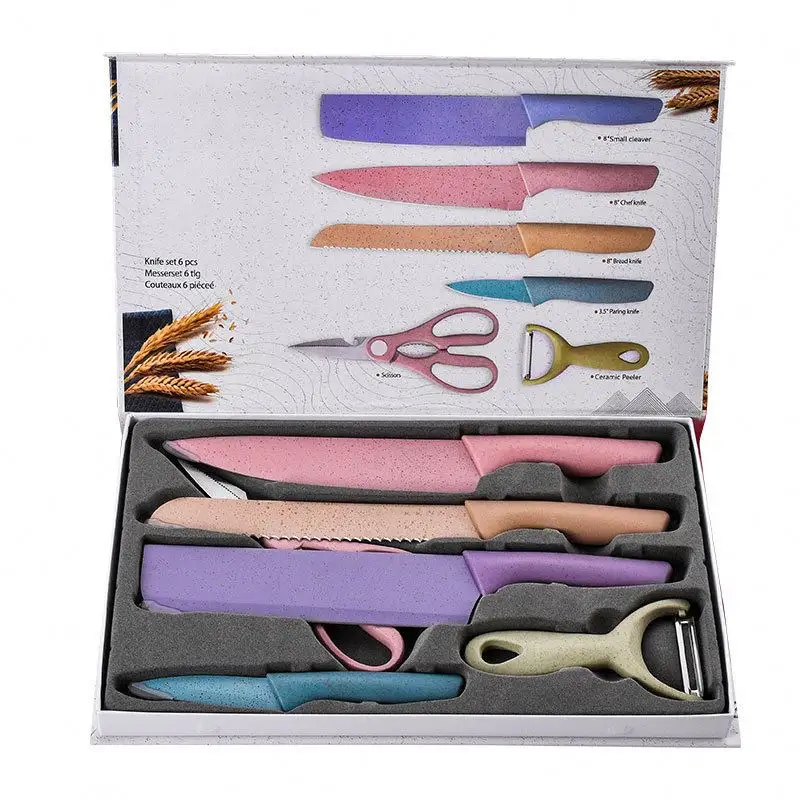 Color wheat straw 6-piece chef's knife fruit slices cut meat baby food supplement cooking knife gift box set knife