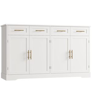 Buffet de 60 pouces avec rangement, armoire de cuisine de 36 pouces de hauteur avec 4 tiroirs, meuble bar à café avec poignées dorées, blanc - Product Image 4