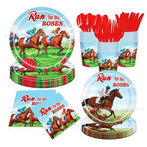 Kit de fournitures de fête jetables Run For The Roses, assiettes en papier, gobelets, serviettes, ustensiles, décorations sur le thème des courses de chevaux - Product Image 1