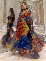 Robes de soirée formelles à col haut en tulle à manches évasées imprimées tie-dye pour filles Robes à ourlet asymétrique Robes élégantes de longueur de plancher
