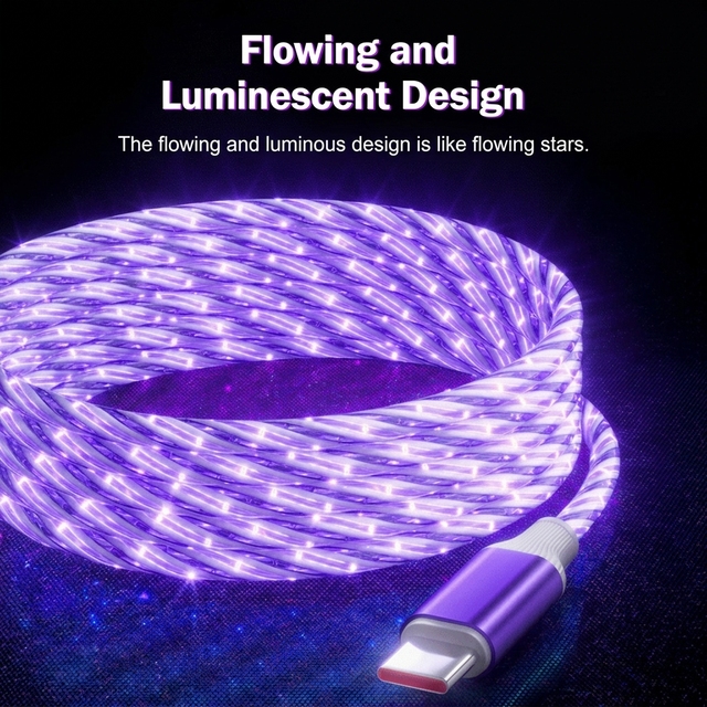 3-in-1 Flow Luminous Lighting LED Glow Type-C PVC Data Cable with Fast Charging and Multi Port USB for iPhone