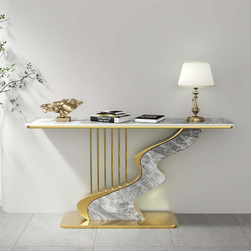 Modern Table Top Pattern Modern Sintered Stone Console Table MDF Metal Pedestal Base Entryway ...