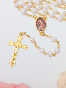 Collar de Rosario con Cuentas de 8mm Chapadas en Oro, Imitación de Perlas, Colgante de Cruz de Aleación de Nuestra Señora de Guadalupe, Joyería Religiosa Católica para Rezar - Product Image 6