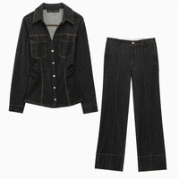 Ensemble De Pantalons En Jean Femme Printemps 2025 Vintage Street Slim Manches Longues Revers Veste Simple Boutonnage Et Pantalon Droit