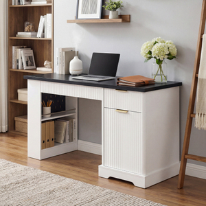 Modern Solid Wood Fluted Office <b>Desk</b> Storage Cabinet <b>Drawers</b> Eco-Friendly Adjustable Height <b>Computer</b> Writing <b>Desk</b> Power Outlet - Product Image 1