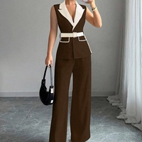 Ensemble décontracté 2 pièces été 2026 pour femme : veste sans manches taille haute et pantalon long en polyester