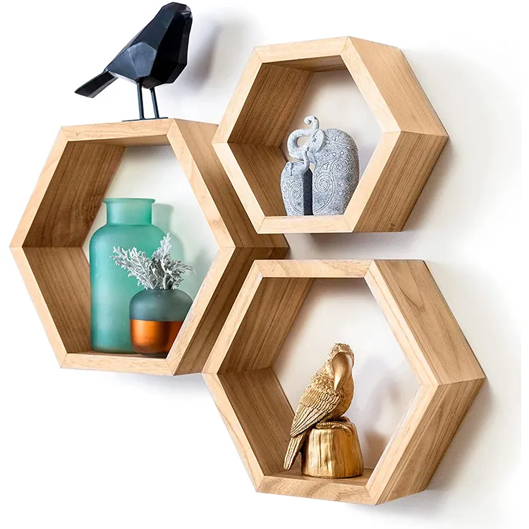 Log color hexagonal floating shelf honeycomb plant hanging wall frame wood display shelves