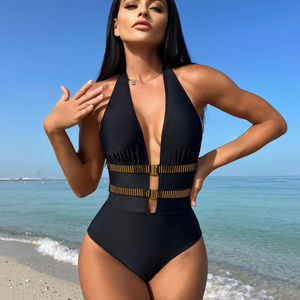 Women's Deep V Neck Bikini <b>Swimsuit</b> with Gold Trim Halter <b>High</b> <b>Waist</b> Push-up Bra Solid 100% Polyester Breathable Anti-Bacterial - Product Image 1