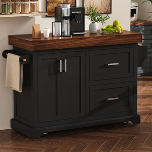 OE HOME 53" Rolling <b>Kitchen</b> Island 3.5" Thick MDF Rubber Wood Desktop Storage Cabinets Drawers Spice/Towel <b>Racks</b> 5 Wheels - Product Image 5