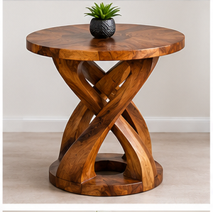 Table basse ronde Art Déco en bois massif, faite à la main, marron naturel, table d'appoint pour salon, cadeau de pendaison de crémaillère, fixation murale - Product Image 1