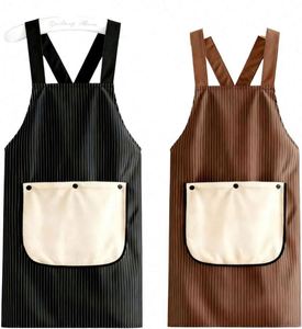 Delantal de camarero profesional impermeable con rayas y bolsillo grande en contraste, paquete de 2 delantales lavables para cafetería, bistro, restaurante - Product Image 1