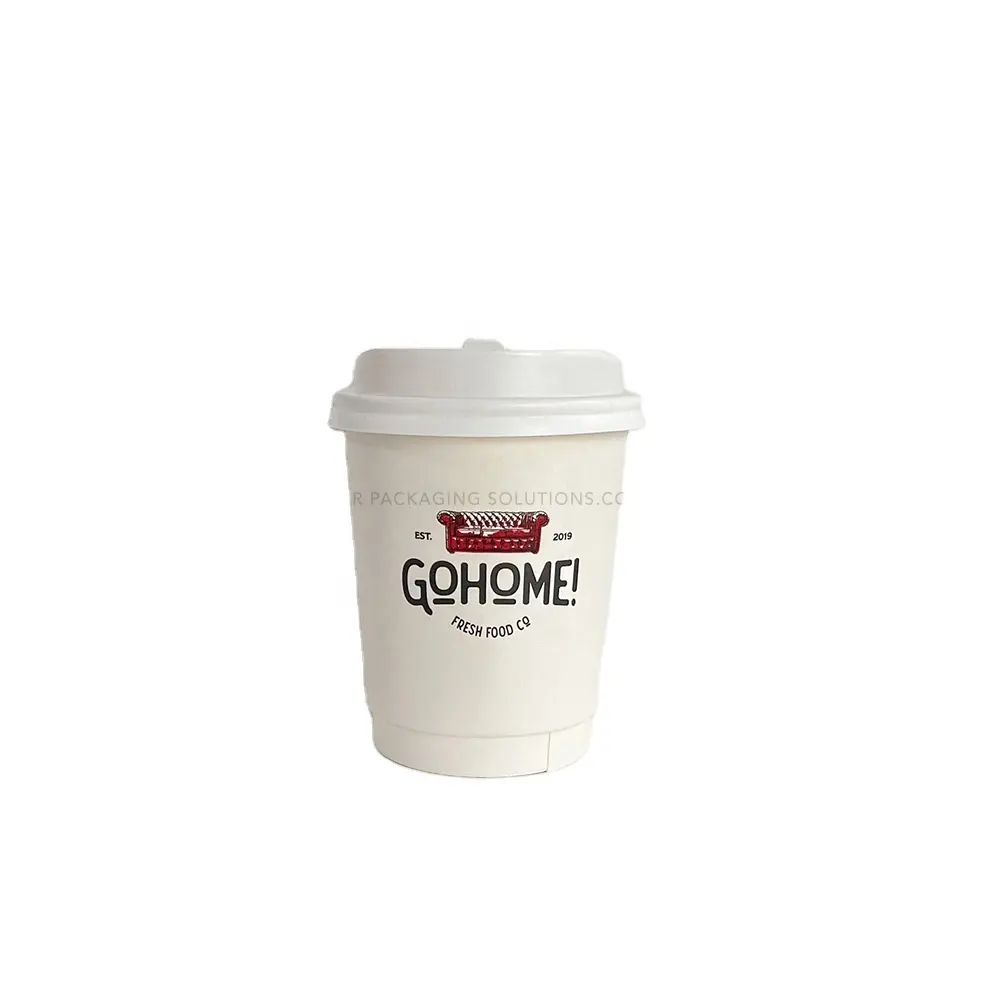 Personalizado estilo retro americano 8oz sofá de cuero rojo imagen impresa blanco doble pared taza de papel con tapa para Latte Chai blanco plano