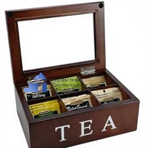 Boîte de rangement à thé en bois avec couvercle en verre et compartiments organisateurs, design classique pour sachets de thé et de café et biscuits, fabriquée au Vietnam - Product Image 1