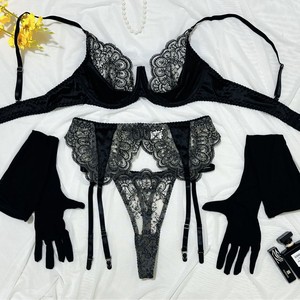 Ensemble de lingerie russe pour femme, soutien-gorge fin brodé en dentelle cils, sexy et séduisant, avec porte-jarretelles - Product Image 1