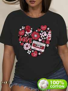 Camiseta Retro de San Valentín para Mujer, Talla Grande, Estilo Años 80, Negra, Manga Corta, Cuello Redondo, Estampado de Corazón Rojo XOXO, Algodón Suave, Informal - Product Image 3