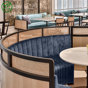 Sofá de terciopelo acanalado azul de lujo personalizado para restaurante con asientos de ratán para restaurante - Product Image 3