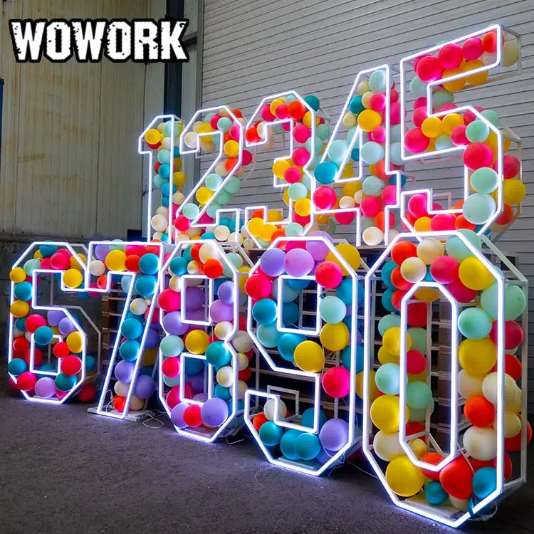 2024 WOWORK 3ft 4ft 5ft Led 3D métal cadre néon remplissable ballon nombre lumières pour garçon fille enfants décorations d'anniversaire