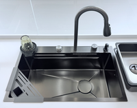 Évier de cuisine simple en acier inoxydable 304 fait main avec logo personnalisé, noir nano, avec rinçage cascade intégré, pour hôtels et villas modernes
