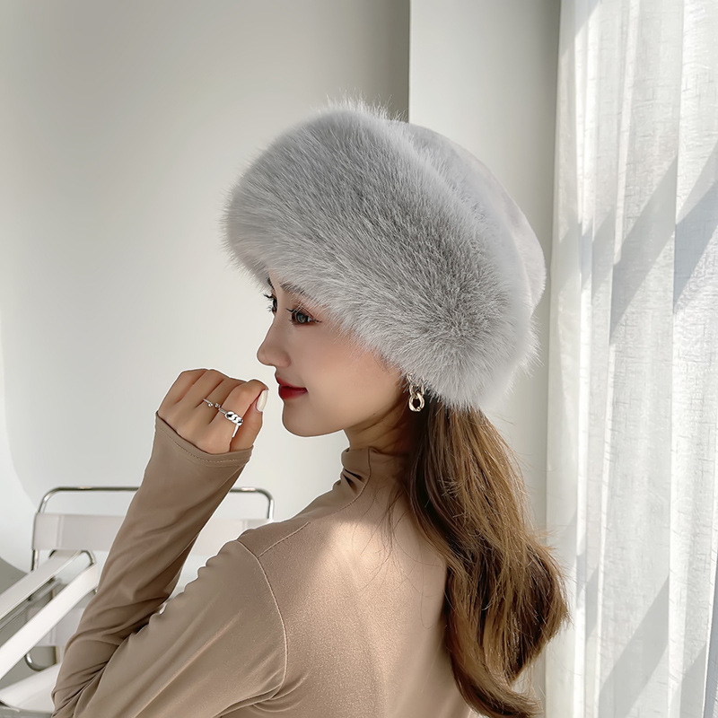 Classy Round Top Windproof Winter Eco Faux Fox Fur Trimmed Russian Style Fur Hat for Women Cossak Headband