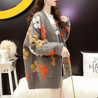 Cardigan long tricoté chaud pour femme, motif floral, coupe ample, avec poches, collection automne-hiver
