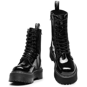 Black Patent Leather Ankle <b>Boots</b> Round Toe Lace-up Chunky Heel Anti-Slip Rubber Outsole All Seasons Style Wholesale - Product Image 2