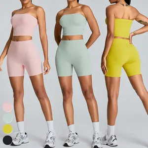 Set di abbigliamento da donna con Logo personalizzato rimovibile con top a tubo antiurto pantaloncini da Yoga 2 pezzi Set da Fitness da palestra Set da Yoga da donna