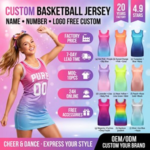 Robe de <span class=keywords><strong>basket</strong></span>-ball personnalisée pour <span class=keywords><strong>femme</strong></span>, motif arc-en-ciel, sans manches, en maille, pour équipe de cheerleading, vente en gros, faible MOQ, OEM - Product Image 1