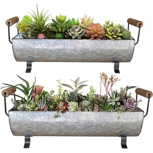 Modern Galvanized Metal <b>Trough</b> Succulent Planter With Wood Handle Farmhouse Metal Tray Rustic Tabletop Centerpiece - Product Image 1