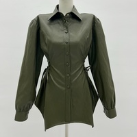 Vintage Olivgrünes Damen-Hemdblusenkleid aus PU-Leder mit Taillenschnürung, Umlegekragen und seitlichem Kordelzug – Maßgeschneiderter Damen-Mode-Mantel