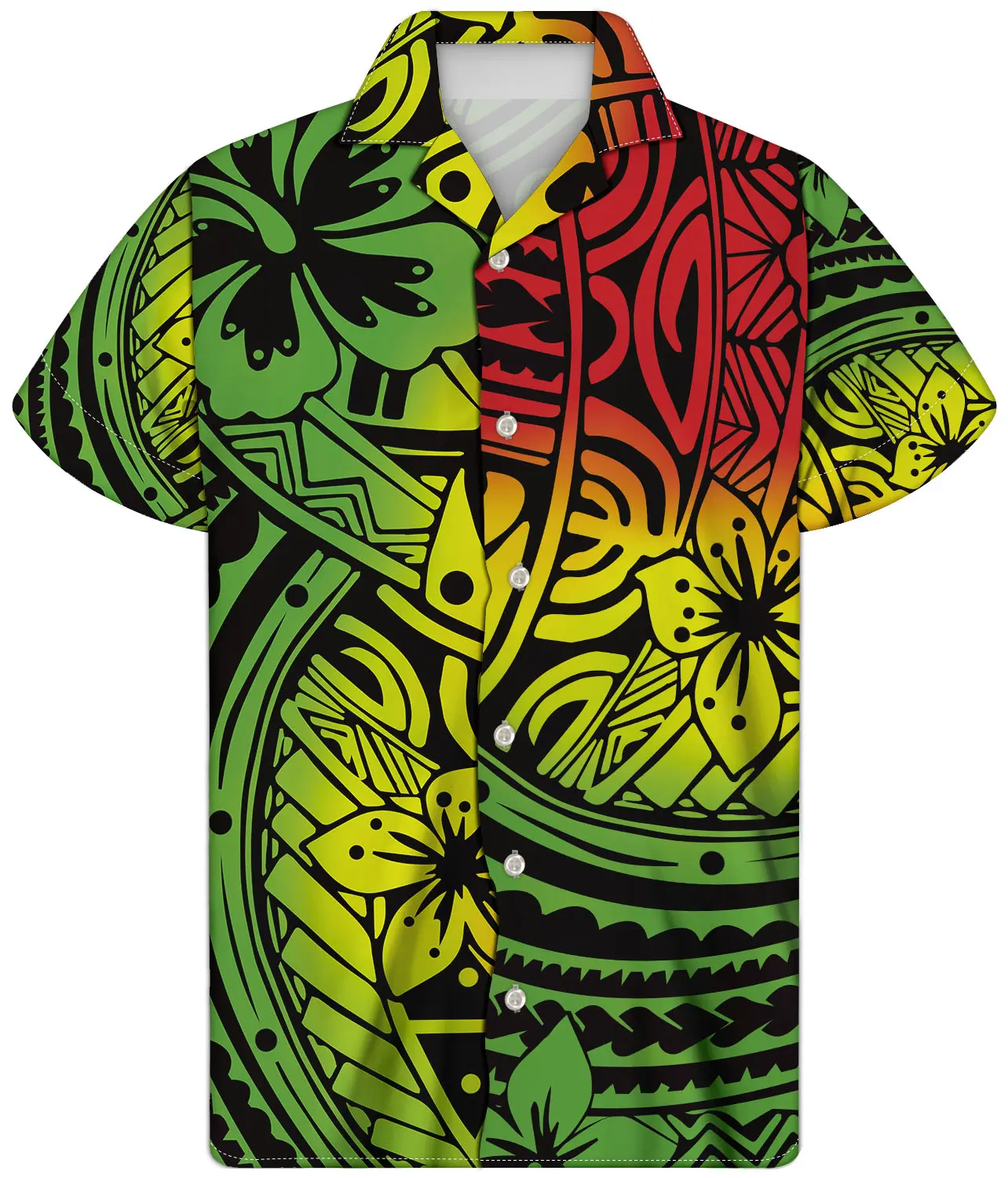 High Quality Custom Full Print Red Yellow Green Polynesian Fabrics Hawaiian Shirts Men Summer Clothing for Men's plus size Shirt
