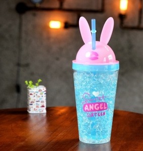 Nieuwe Dubbele Muur Herbruikbare Plastic Ijs Drinkbekers Fles Zomer 450Ml Cool Schattige Konijnenrietje Beker Waterfles - Product Image 3
