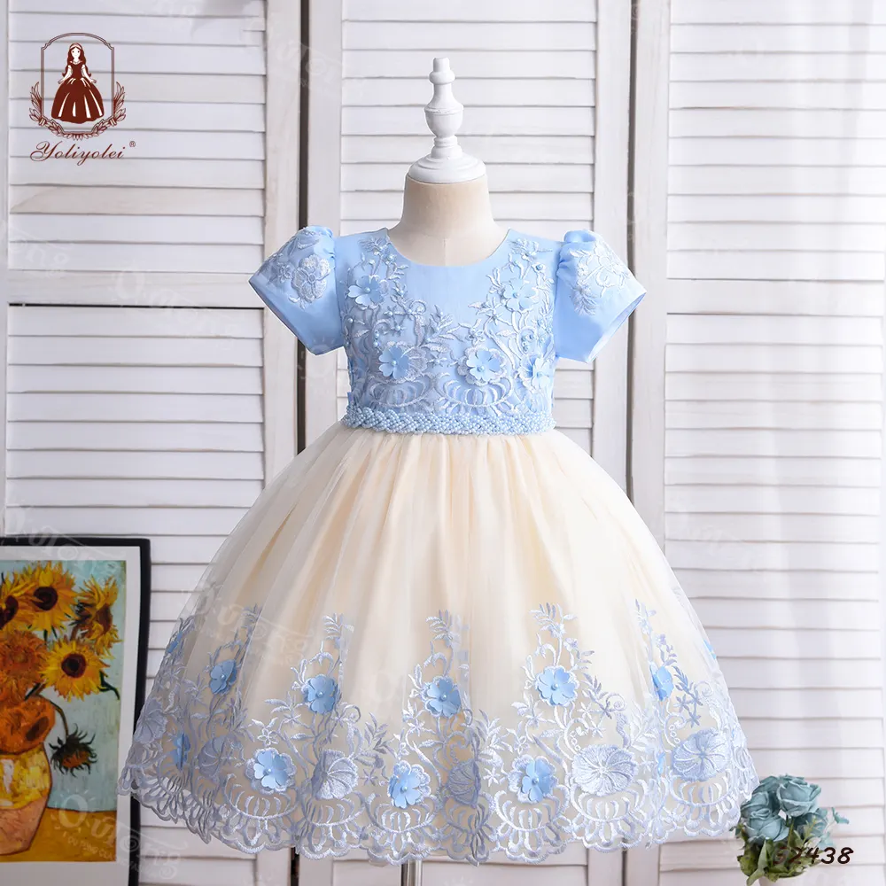 Gaun Lengan Pendek Anak Perempuan, Pakaian Pesta Lengan Pendek Warna Patchwork Sampanye Biru Muda untuk Perempuan