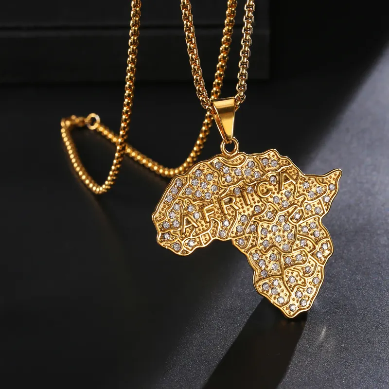 Xu Hướng Thép Không Gỉ Micro Paved Châu Phi Bản Đồ Mặt Dây Chuyền & Vòng Cổ Cho Nam Giới Iced Out Jewelry
