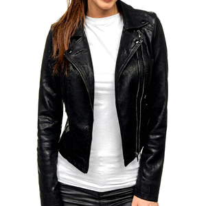 Women's Black Genuine Leather Moto Jacket Full Sleeve <b>Zipper</b> Closure Stand Collar Autumn Style - Product Image 1