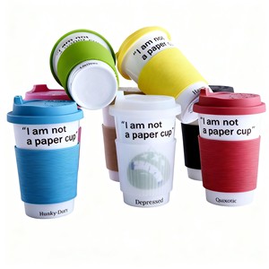 Mug de <span class=keywords><strong>voyage</strong></span> à double paroi en céramique avec enveloppe en silicone - Compatible micro-ondes et lave-vaisselle - Design contemporain - Option de logo personnalisé - Marque HARVIT - Product Image 1