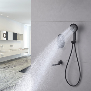 Système <span class=keywords><strong>de</strong></span> <span class=keywords><strong>douche</strong></span> rectangulaire en laiton à fixation murale, ensemble 4 pièces pluie et <span class=keywords><strong>jet</strong></span>, économie <span class=keywords><strong>d</strong></span>'<span class=keywords><strong>eau</strong></span>, noir mat pour hôtels et appartements - Product Image 4