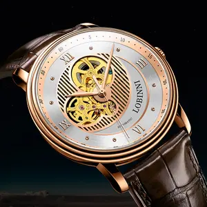 洛宾尼9025新款上市空心棕色表带时尚商务骨架机械自动男士手表
