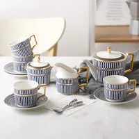 Винтажный чайный сервиз из костяного фарфора с золотой ручкой, керамическая чашка в синюю полоску, современный роскошный чайный и кофейный сервиз