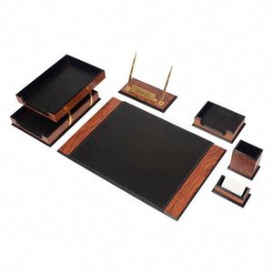 Ensemble de bureau 8 pièces en bois et cuir, organiseur de bureau, accessoires de bureau, organiseur de bureau, organiseur de bureau de table - Product Image 1