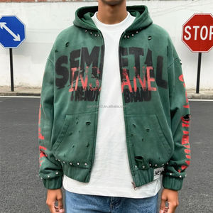 Customized <b>Y2k</b> Distressed French Terry Sudaderas Designer 400 Gsm Print Zipper <b>Hoodie</b> Cotton Acid Wash Rhinestone <b>Zip</b> <b>Up</b> <b>Hoodie</b> - Product Image 3