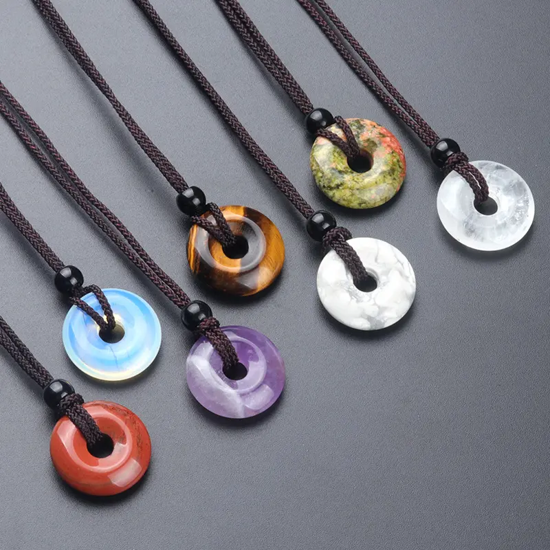 Ins Style Woven Rope Lucky Safety Buckle Natural Gem Stone Agate Birthstone Crystal Donut Pendant Necklace For Men Women (BN008)