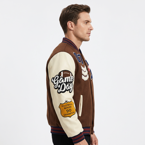 Fabricant OEM sur mesure de vestes universitaires de haute qualité en laine avec broderie de patchs en chenille, motifs camouflage, argyle, paisley et stand. - Product Image 3