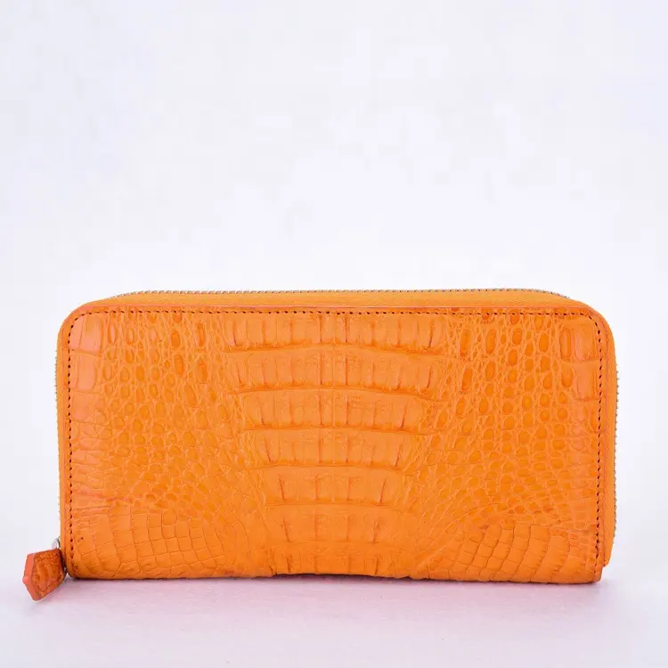Crocodile leather lady wallet Long exotic skin zip wallet wholesale orange leather purse zipper brand name card holder