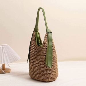 Summer Fashion Ribbon Shoulder Straw <b>Bag</b> New <b>Large</b> Capacity Solid Color Woven <b>Bag</b> Seaside Travel <b>Beach</b> <b>Bag</b> - Product Image 2