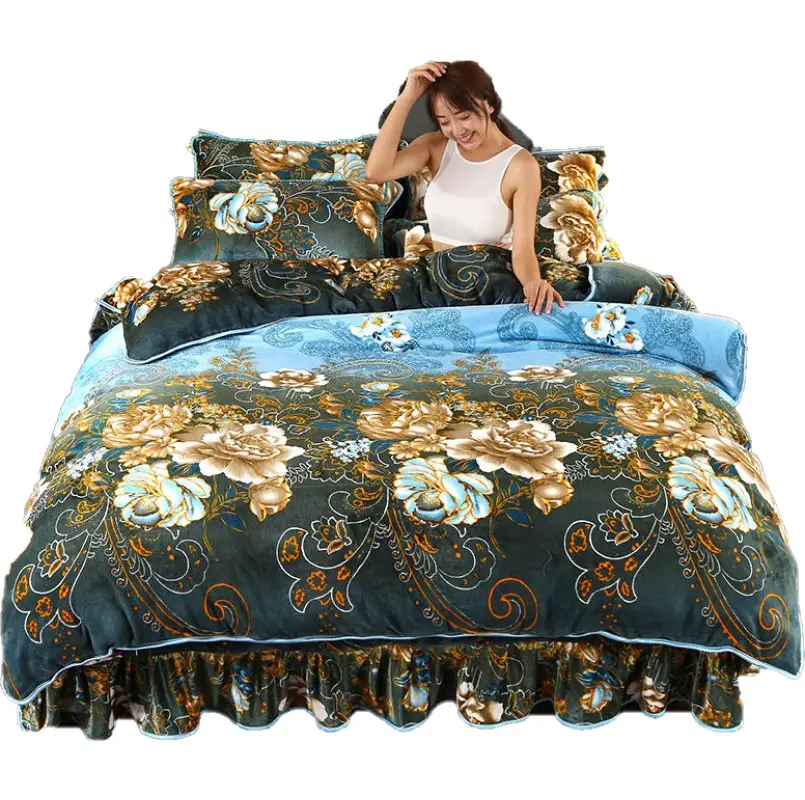 American Style Super Soft Flannel Flower Print Bedding Set