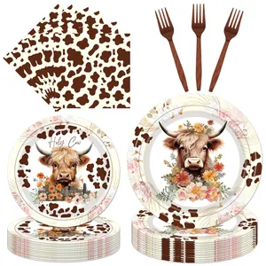 Farm Highland Cattle Animal Party Favor Brown Cows Disposable Set Plates Napkins Spoons Birthday Highland Cow Party Tableware