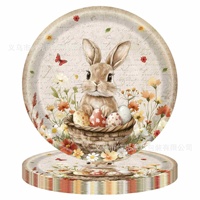 Ensemble de vaisselle jetable pour fête de Pâques, design rétro pastoral avec lapin et œufs colorés, assiettes en papier, serviettes
