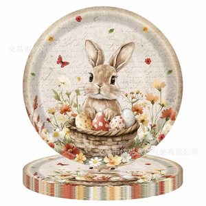 Platos y Servilletas de Papel con Diseño de <span class=keywords><strong>Huevos</strong></span> Coloridos de Conejo Estilo Pastoral Retro, Juego de Artículos Desechables para Fiesta de Pascua - Product Image 6